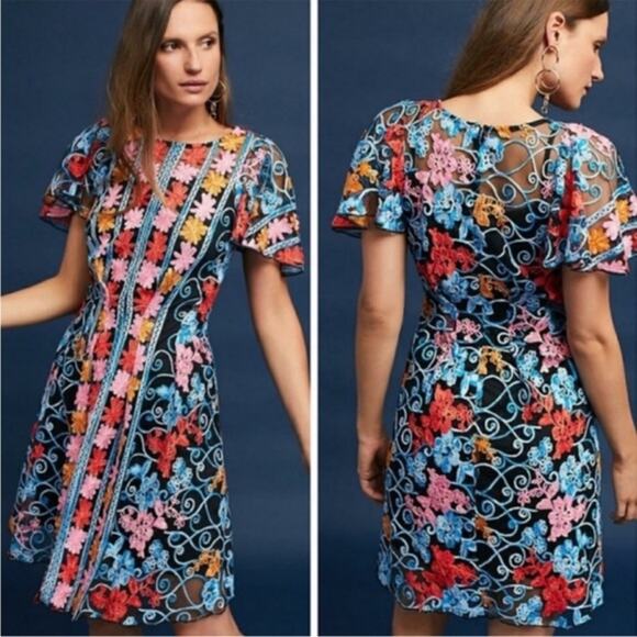 Anthropologie Eva Franco x Ferrah Embroidered Lace Lined Dress Colorful Size 0 - Picture 1 of 10